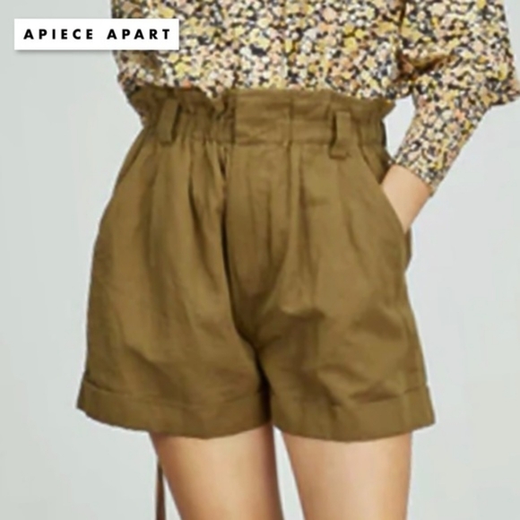 APIECE APART Son Vida Linen Organic Cotton Blend Twill Paper Bag Shorts Olive S - Picture 1 of 16